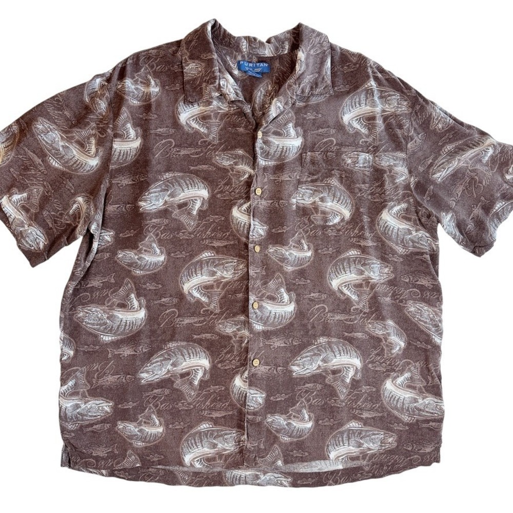 Puritan Button Down Shirt Mens XL Brown Bass Fishing Rayon Short Sleeve
